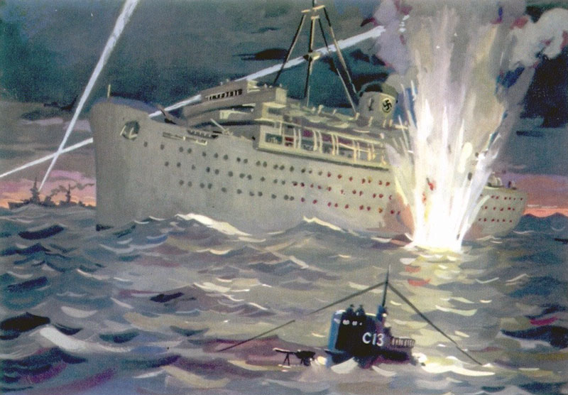 Уничтожение немецкого лайнера "Вильгельм Густлов". Картина И.И. Родинова.