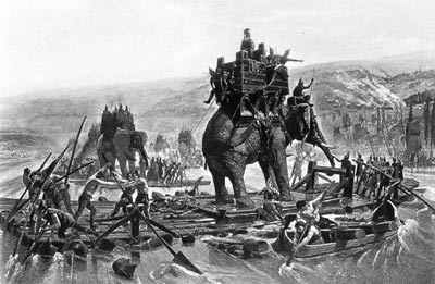 Переправа боевых слонов через реку Рону.