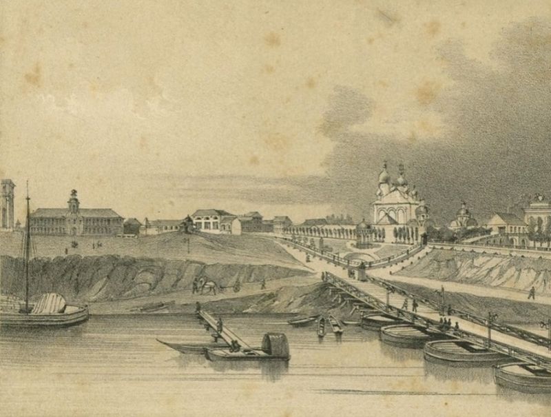 Тверь. Древний мост на барках, 1840-е годы.
