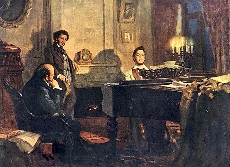 Пушкин и Жуковский у Глинки. Худ. В. Е. Артамонов. 1953 г.