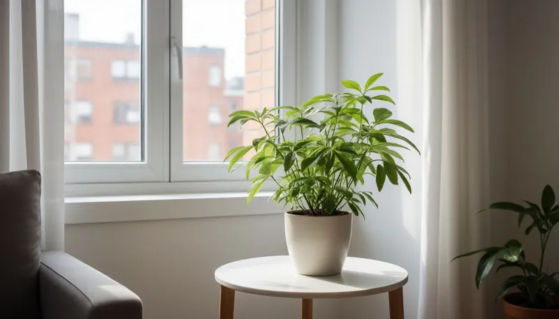 Окно с ярким солнечным светом и растение-питомец перед ним.