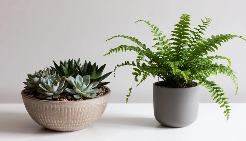 Суккуленты в интерьере и пышный папоротника.