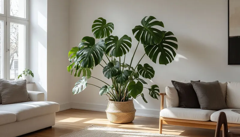 Большая монстера в просторной гостиной.