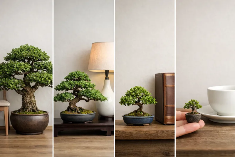 Различный по размеру бонсай. Растение-питомец.
