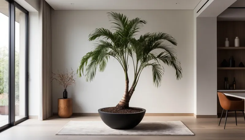 Стильный интерьер с крупным акцентным растением-питомцем.