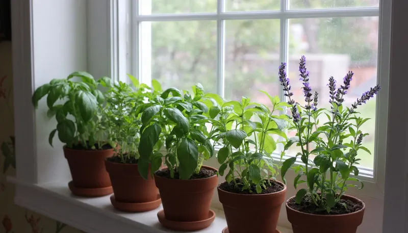 Травы на кухонном подоконнике.