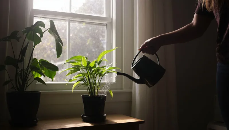 Человек, поливающего растение утром.