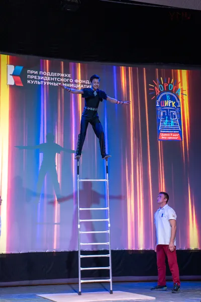 Лев Яицких на вольностоящей лестнице